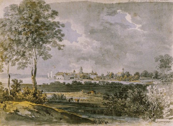 Blick auf Buchhorn von Osten. Aquarell von Max Joseph Wagenbauer, um 1806