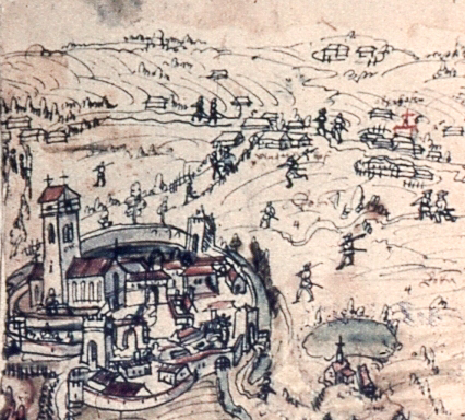 Die Bauern laufen in das Kloster Weissenau, um den Abt um Rat zu fragen, wie sie sich verhalten sollen. Jakob Murers Bauernkriegschronik 1525
