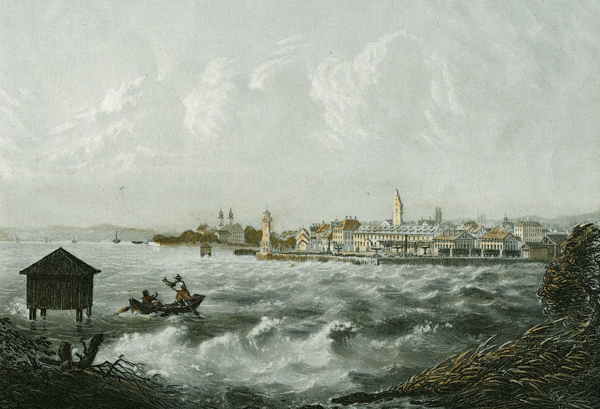 Blick vom See auf Friedrichshafen mit Hafen, Salzstadel und Hafenbahnhof. Stahlstich von H. Zollinger und K. Corradi, um 1850