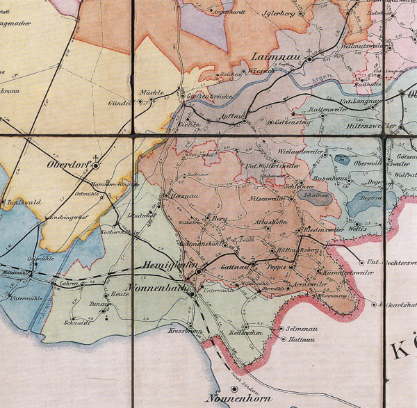 Die Gemeinden Hemigkofen und Nonnenbach mit ihren Wohnplätzen. Karte spätes 19. Jh.