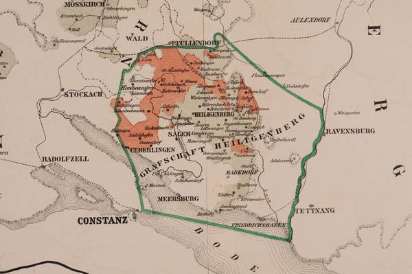Karte der Grafschaft Heiligenberg. Volle Landesherrschaft nur in den schwach beige markierten Flächen.