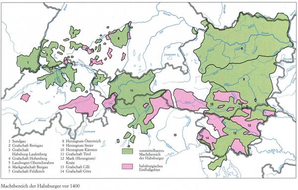 Karte des Machtbereichs der Habsburger vor 1400.