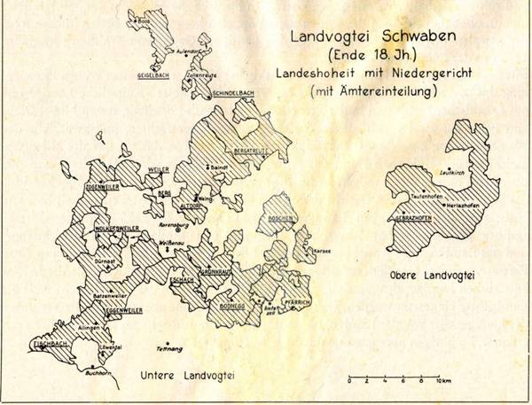 Karte der Reichslandvogtei Oberschwaben im 18. Jahrhundert.