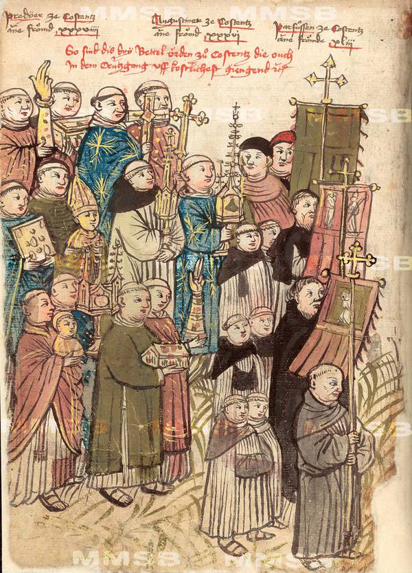 Mönche tragen bei einer Prozession Reliquiare mit. Zeichnung in der Richental-Chronk, Prager Exemplar.