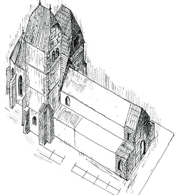 Münster Überlingen um 1420. Rekonstruktionszeichnung von Manfred Bruker.
