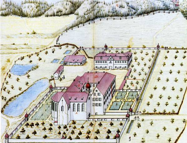 Kloster Langnau dessen Prior Eisele mit dem Provinzialprior Luzan zusammen 1760 die Trennung der Provinz vom Orden betrieb Zeichnung 1787