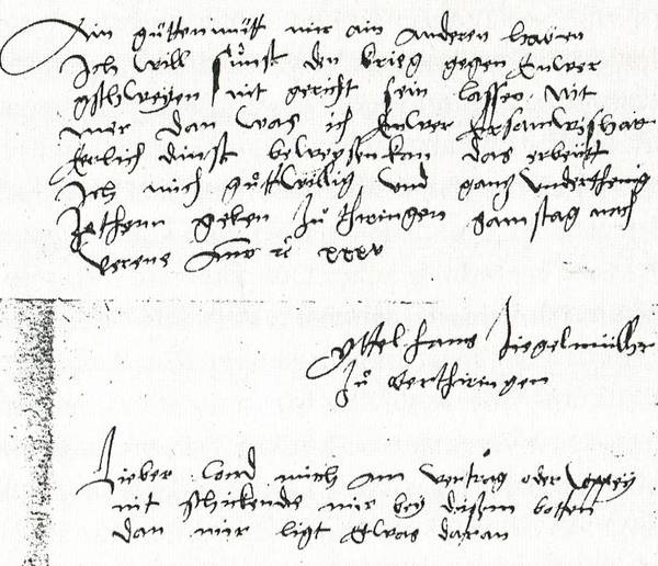 Unterschrift „Ittel Hans Ziegelmüller zu Obertiringen“ in einem Schreiben an den Stadtschreiber von Überlingen 1535