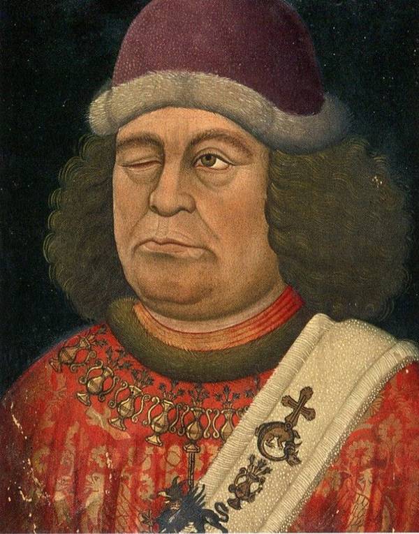 Oswald von Wolkenstein, Tiroler Adliger und Minnesänger. Miniatur in der Innsbrucker Liederhandschrift, 1432.