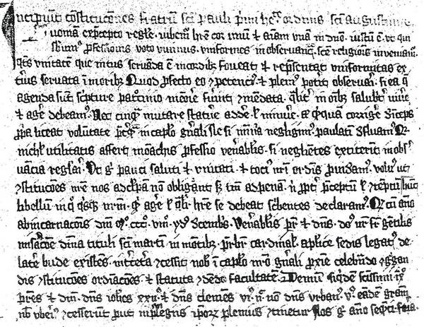 Beginn des Textes der Konstitutionen des Paulinerordens in der Handschrift aus dem Kloster Grünwald um 1370, jetzt im Kloster St. Paul im Lavanttal.