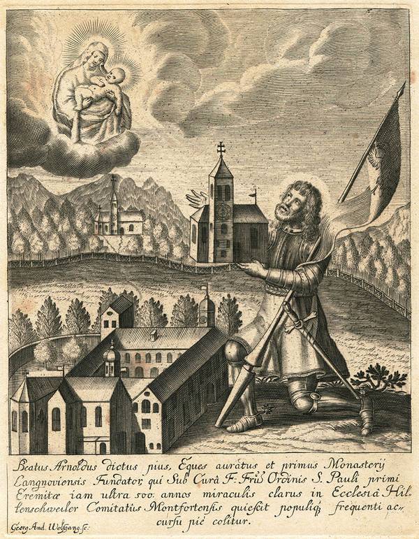 Der sel. Arnold mit dem Kloster Langnau, Kupferstich von Georg And. Wolfgang, spätes 17. Jh