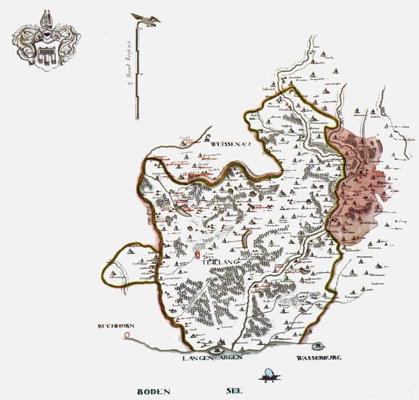 Karte der Herrschaften der Grafen von Montfort. Die Herrschaft Hirschlatt westlich der Schussen und die im Osten rot eingefärbten Herrschaften Neuravensburg und Achberg besassen die Grafen im 18. Jahrhundert nicht mehr. Karte von Jacques de Michal, um 17