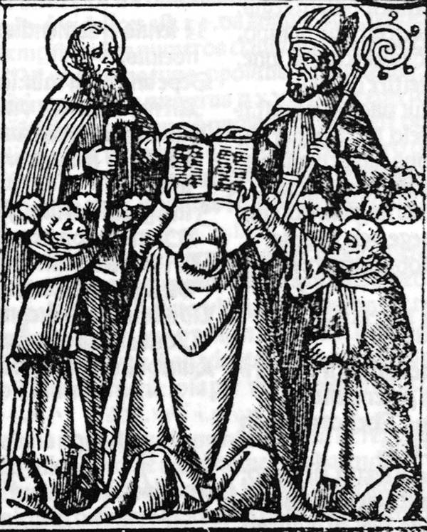 Holzschnitt 16. Jh. Oben die Ordenspatrone, links der hl. Paulus von Theben, rechts der hl. Augustinus, unten Paulinermönche.