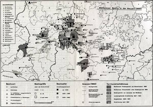 Karte der Niedergerichtsherrschaften um Taldorf und Weißenau. Entwurf von Georg Wieland.