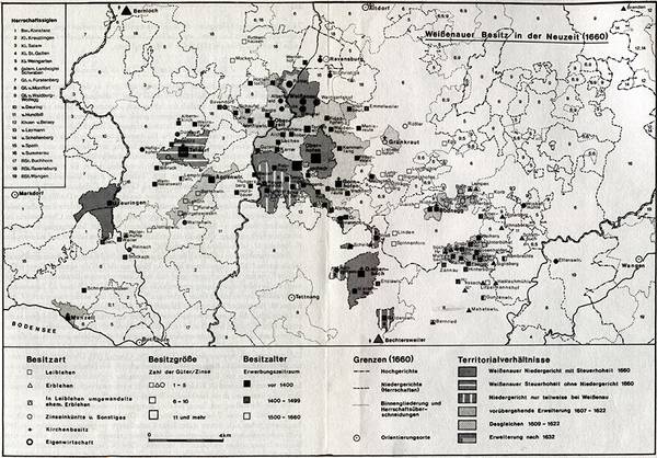 Karte der Niedergerichtsherrschaften um Taldorf und Weißenau. Entwurf von Georg Wieland.