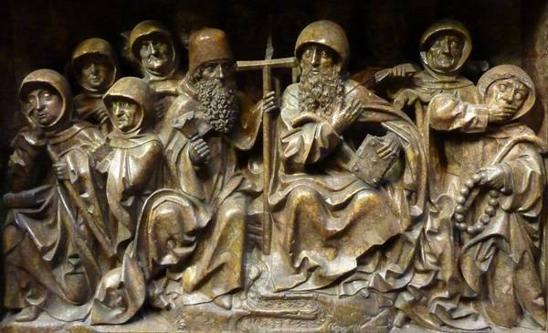 Paulinermönche um die hl. Antonius und Paulus. Relief am Grab Kaiser Friedrichs III. Stephansdom Wien 1513