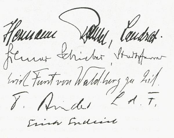 Unterschriften auf dem Antrag auf Genehmigung der Satzung: Hermann Bendel (Landrat Ravensburg), Hilmar Schieber (Ev. Stadtpfarrer Leutkirch), Erich Fürst von Waldburg zu Zeil, P. Binder (Landesdirektor der Finanzen), Erich Endrich (Stadtpfarrer Buchau)