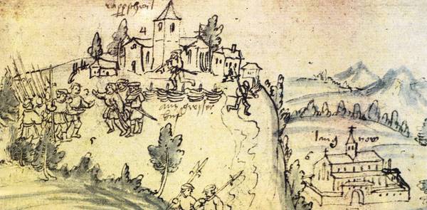 Die Bauern sammeln sich 1525 in Rappertsweiler oberhalb des Klosters Langnau Zeichnung von Jakob Murer 1525