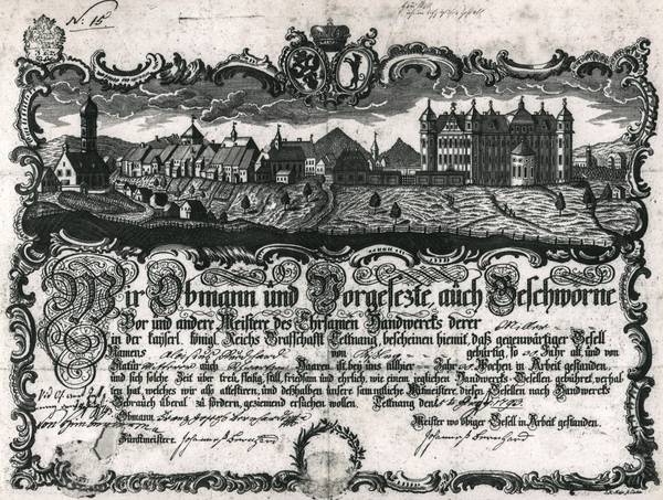 Ansicht von Tettnang auf einer Handwerkskundschaft von 1793. Kupferstich