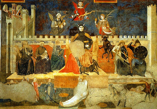 Ambrogio Lorenzetti: Allegorie der schlechten Regierung. Fresko 1338/39 im Palazzo Pubblico Siena.
