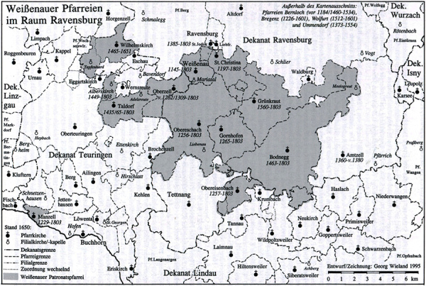 Karte der Pfarreien um Taldorf. Entwurf von Georg Wieland.