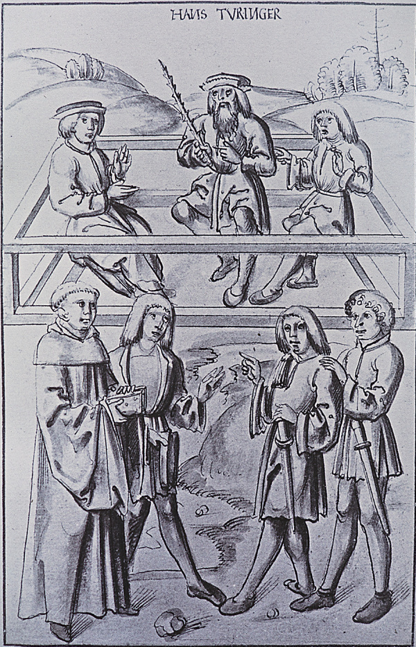 Sitzung des Landgerichts der Grafschaft Heiligenberg. Zeichnung, frühes 16. Jh. Fürstlich Fürstenbergisches Archiv Donaueschingen.