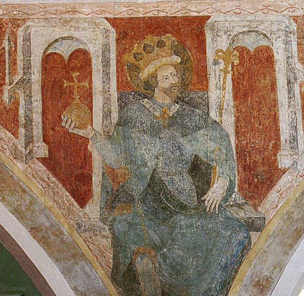 Hl. Sigismund mit den Porträtzügen König Sigismunds. Ausschnitt aus einem vom König gestiftetes Freskenzyklus in der Kirche der Augustiner-Eremiten in Konstanz, um 1417.