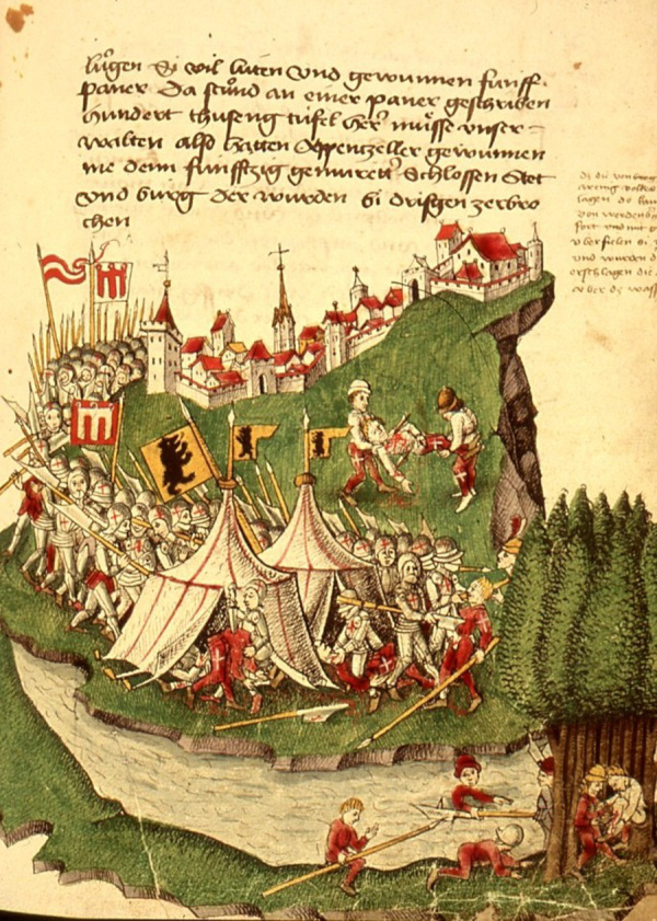 Das Adelsheer besiegt die die Stadt Bregenz belagernden Appenzeller 1408. Zeichnung in der Berner Chronik des Benedikt Tschatlan, um 1470