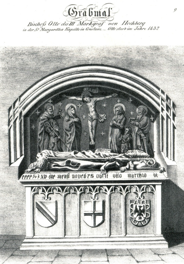 Grab des Konstanzer Bischofs Otto von Hachberg, + 1432 in der Margaretenkapelle des Konstanzer Münster. Lithographie 19. Jahrhundert