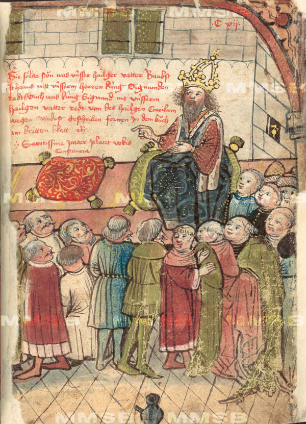 Verhandlung zwischen Papst Johannes XXIII. und König Sigismund in Lodi 1413 über den Tagungsort des geplanten Konzils. Der Papst: Carissimi fili, mihi placet Constancia (Geliebte Brüder, ich bin mit Konstanz einverstanden.). Zeichnung in der Richental-