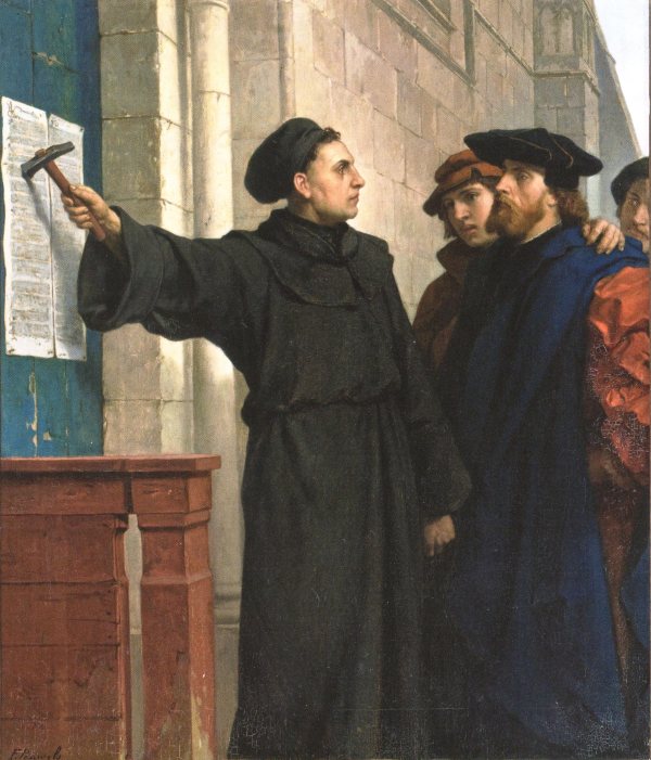 Der angebliche Thesenanschlag an die Schlosskirche Wittenberg 1517. Ölbild auf der Wartburg von Ferdinand Pauwels, 1872.