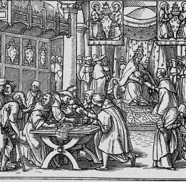 Ablasshandel. Holzschnitt von Hans Holbein d. Ä. frühes 16. Jahrhundert.