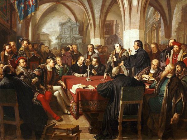 Das gescheiterte Religionsgespräch 1529 in Marburg zwischen Luther und Zwingli. Historienbild von August Noack, 1867.