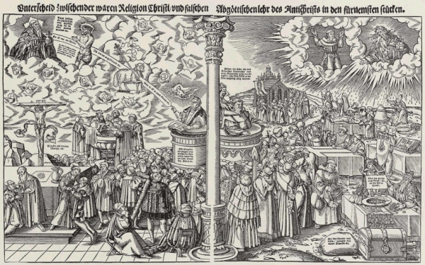 Antikatholischer Kupferstich über die Unterschiede zwischen Neugläubigen und Katholiken, 16. Jahrhundert.