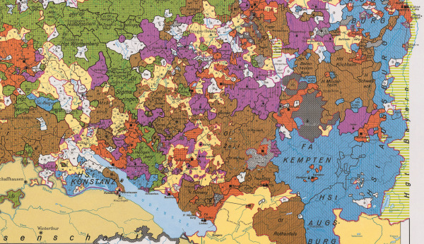 Karte der zersplitterten Herrschaftsstruktur Oberschwabens um 1800.