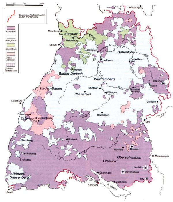 Karte der Konfessionsverteilung im 16. Jahrhundert im Raum des heutigen Baden-Württemberg.